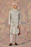 Buy_Jatin Malik_Silver Linen Silk Floral Print Embroidered Sherwani Set _Online_at_Aza_Fashions