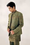 Shop_Jatin Malik_Green Linen Silk Embroidered Geometric Jacket And Pant Set _at_Aza_Fashions