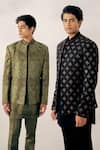 Buy_Jatin Malik_Green Linen Silk Embroidered Geometric Jacket And Pant Set _Online_at_Aza_Fashions