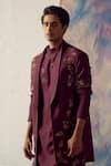 Shop_Jatin Malik_Wine Linen Silk Embroidered Floral Jacket And Kurta Set _at_Aza_Fashions