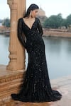 Buy_Jigar Mali_Black Butterfly Net Lining Satin Embroidery Sequin V Neck Mermaid Gown _at_Aza_Fashions