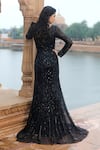 Shop_Jigar Mali_Black Butterfly Net Lining Satin Embroidery Sequin V Neck Mermaid Gown _at_Aza_Fashions