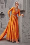 Shop_Jigar Mali_Orange Chanderi Embroidery Aari V Neck Anarkali Set _at_Aza_Fashions