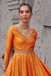 Jigar Mali_Orange Chanderi Embroidery Aari V Neck Anarkali Set _Online_at_Aza_Fashions