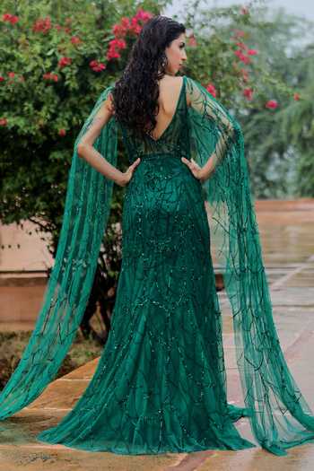 Shop_Jigar Mali_Green Butterfly Net Lining Satin Beads And Sequin, Cutdana V Cape Sleeve Gown _at_Aza_Fashions