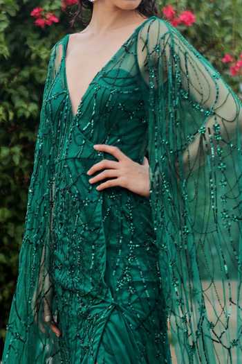 Jigar Mali_Green Butterfly Net Lining Satin Beads And Sequin, Cutdana V Cape Sleeve Gown _Online_at_Aza_Fashions