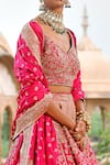 Jigar Mali_Fuchsia Banarsi Embroidery Cutdana Leaf Neck Bridal Lehenga Set  _Online_at_Aza_Fashions