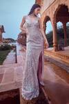 Buy Jigar Mali Silver Butterfly Net Lining Satin Sequin And Thread Embroidered Front Slit Gown at Aza Fashions Buy_Jigar Mali_Silver Butterfly Net Lining Satin Sequin And Thread Embroidered Front Slit Gown _at_Aza_Fashions