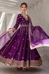 Buy_Jigar Mali_Purple Chanderi Embroidery Dori Deep V Neck Anarkali Set _at_Aza_Fashions