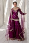 Buy_Jigar Mali_Purple Chanderi Embroidery Dori Sweetheart Neck Kurta Sharara Set _at_Aza_Fashions