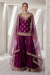 Jigar Mali_Purple Chanderi Embroidery Dori Sweetheart Neck Kurta Sharara Set _Online_at_Aza_Fashions