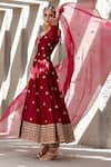 Jigar Mali_Red Chanderi Embroidery Aari V Neck Anarkali Set _Online_at_Aza_Fashions