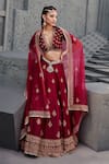 Buy_Jigar Mali_Red Organza, Chanderi Dori, Floral, Sequin V Neck Lehenga Set _at_Aza_Fashions