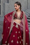 Shop_Jigar Mali_Red Organza, Chanderi Dori, Floral, Sequin V Neck Lehenga Set _at_Aza_Fashions