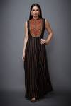 Buy_RI.Ritu Kumar_Black Georgette, Viscose Band Collar Striped Flared Jumpsuit _at_Aza_Fashions
