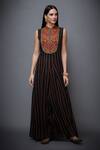 Buy_RI.Ritu Kumar_Black Georgette, Viscose Band Collar Striped Flared Jumpsuit _Online_at_Aza_Fashions