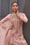 Shop_Jigar Mali_Pink Organza, Chanderi Dori, Floral, Aari Sweetheart Neck Kurta Sharara Set _at_Aza_Fashions