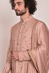 Jatin Malik_Peach Slub Silk Embroidered Sherwani Set _at_Aza_Fashions