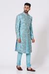 Jatin Malik_Blue Linen Silk Sherwani Set _Online_at_Aza_Fashions