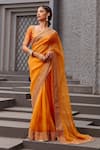 Buy_Jigar Mali_Orange Chiniya Silk Embroidery Dori Plunge Neck Saree With Blouse _at_Aza_Fashions