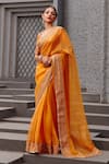 Shop_Jigar Mali_Orange Chiniya Silk Embroidery Dori Plunge Neck Saree With Blouse _at_Aza_Fashions