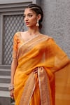 Jigar Mali_Orange Chiniya Silk Embroidery Dori Plunge Neck Saree With Blouse _Online_at_Aza_Fashions