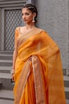 Buy_Jigar Mali_Orange Chiniya Silk Embroidery Dori Plunge Neck Saree With Blouse _Online_at_Aza_Fashions