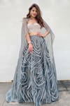 Buy_Masumi Mewawalla_Grey Dupion Sweetheart Neck Organza Cape And Ruffle Lehenga Set _at_Aza_Fashions