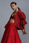 Shop_Jayanti Reddy_Red Puff Sleeve Jacket And Lehenga Set _at_Aza_Fashions