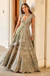 Buy_JAYANTI REDDY_Green Raw Silk Embroidered Zardozi Plunge Crescent Bridal Lehenga Set  _at_Aza_Fashions