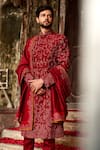 Buy_JAYANTI REDDY_Maroon Raw Silk Embroidered Sherwani Set_at_Aza_Fashions