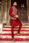 Buy_JAYANTI REDDY_Maroon Raw Silk Embroidered Thread Work Bundi And Kurta Set  _at_Aza_Fashions