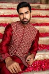 Shop_JAYANTI REDDY_Maroon Raw Silk Embroidered Thread Work Bundi And Kurta Set  _at_Aza_Fashions