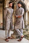 Shop_JAYANTI REDDY_Grey Raw Silk Embroidered Zardozi Floral Jaal Sherwani Set  _at_Aza_Fashions