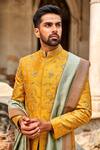 Shop_JAYANTI REDDY_Yellow Raw Silk Embroidered Zardozi Sherwani Set  _at_Aza_Fashions