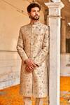 Buy_Jayanti Reddy_Beige , Raw Zardozi Floral Embroidered Sherwani Set _at_Aza_Fashions