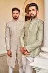 Shop_JAYANTI REDDY_Beige Chikankari Embroidered Zardozi Sherwani Set For Men_at_Aza_Fashions