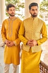 JAYANTI REDDY_Yellow Raw Silk Embroidered Chikankari Sequins Bundi And Kurta Set  _Online_at_Aza_Fashions