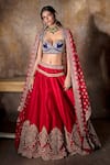 Buy_Jayanti Reddy_Red Raw Silk, Organza Zardozi Scoop Neck Embroidered Bridal Lehenga Set _at_Aza_Fashions