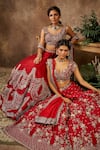Buy_Jayanti Reddy_Red , Raw Zardozi V Neck Embroidered Bridal Lehenga Set _at_Aza_Fashions