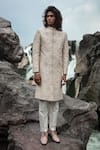 Buy_Jayesh Shah_White Pure Silk Hand Embroidered Thread Work Floral Sherwani Set  _at_Aza_Fashions