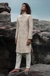 Shop_Jayesh Shah_White Pure Silk Hand Embroidered Thread Work Floral Sherwani Set  _at_Aza_Fashions