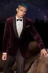 Shop_Jayesh Shah_Maroon Velvet Hand Embroidered Thread Work Tuxedo And Pant Set  _at_Aza_Fashions