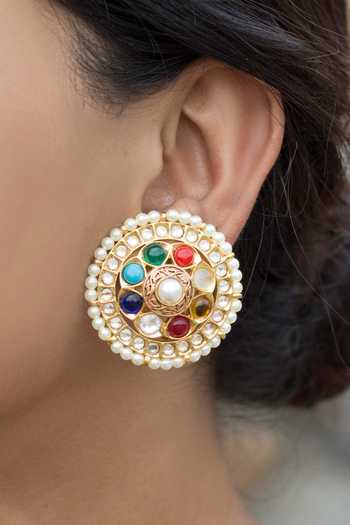 Shop_Just Shradhas_Gold Plated Circular Stud Earrings With Polki Stones _at_Aza_Fashions