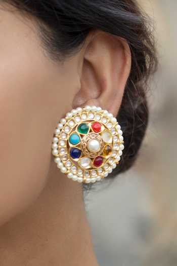 Just Shradhas_Gold Plated Circular Stud Earrings With Polki Stones _Online_at_Aza_Fashions