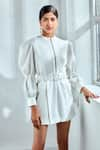 Buy_Label Deepika Nagpal_White Luxury Heavy Crepe 74% Polyester Embellished Band Puff Sleeve Playsuit _at_Aza_Fashions