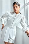 Label Deepika Nagpal_White Luxury Heavy Crepe 74% Polyester Embellished Band Puff Sleeve Playsuit _Online_at_Aza_Fashions