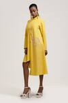 Shop_Jyoti Sachdev Iyer_Yellow Cotton Mandarin Collar Embroidered Asymmetric Dress _at_Aza_Fashions