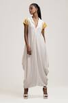 Shop_Jyoti Sachdev Iyer_White Bamboo Notched Collar Embroidered Draped Dress _at_Aza_Fashions