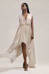 Jyoti Sachdev Iyer_White Bemberg V Neck Asymmetric Dress _Online_at_Aza_Fashions
